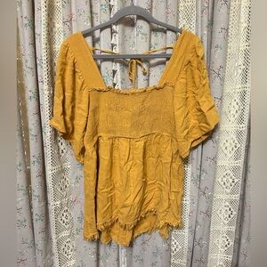 Umgee Mustard Smocked Linen Blend Boho Blouse L